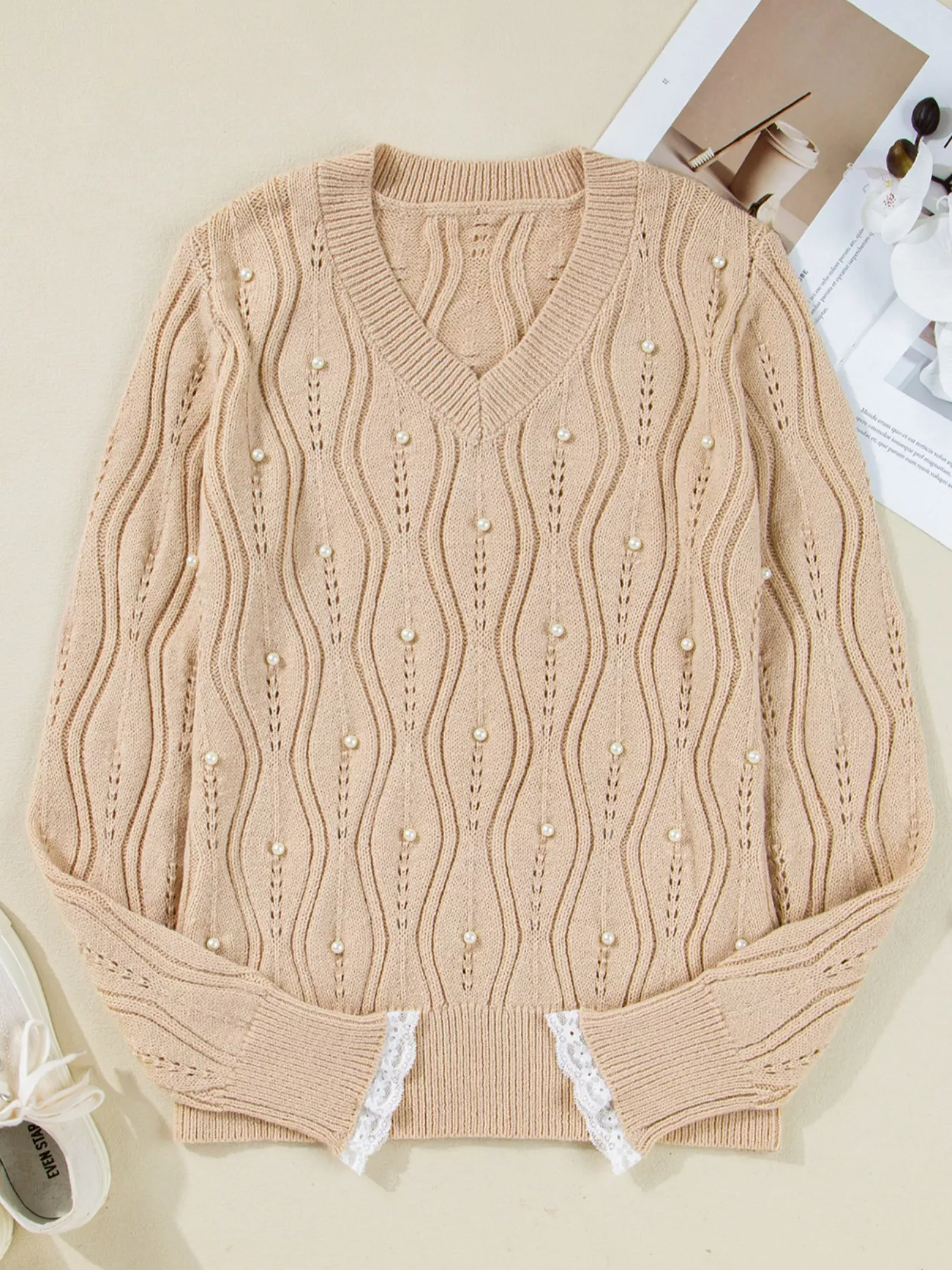 Pearl-Embellished V-Neck Pullover Sweater - Image 11
