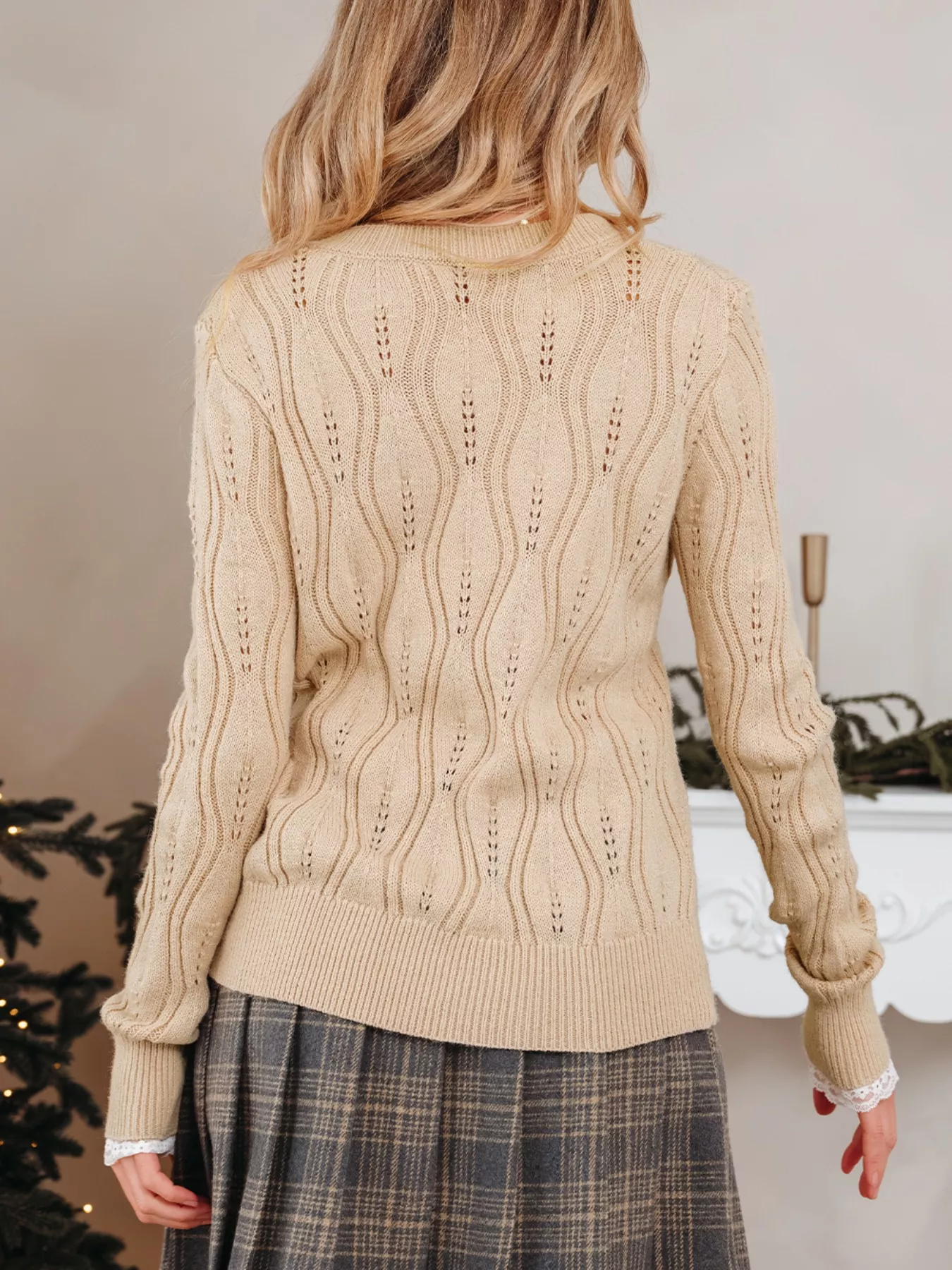 Pearl-Embellished V-Neck Pullover Sweater - Image 2