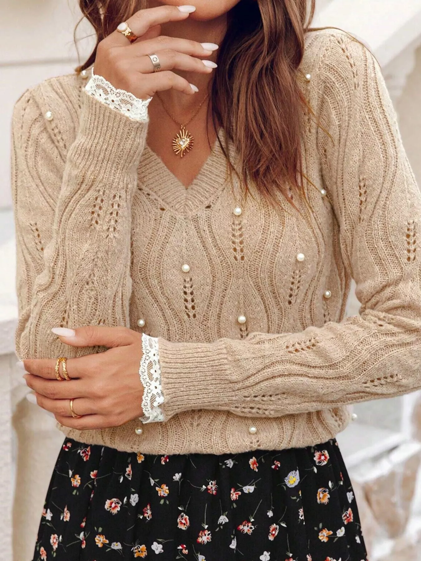 Pearl-Embellished V-Neck Pullover Sweater - Image 9