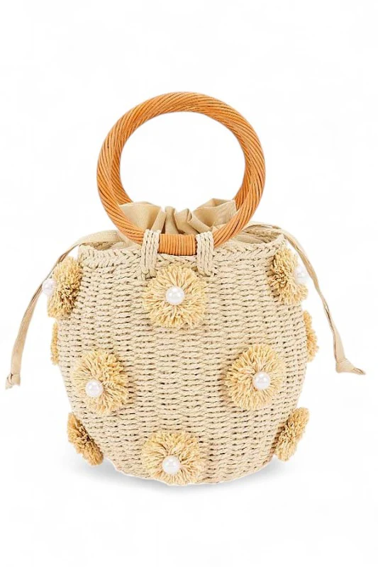 Pearl Raffia Flower Straw Top Handle Bucket Clutch - Image 2