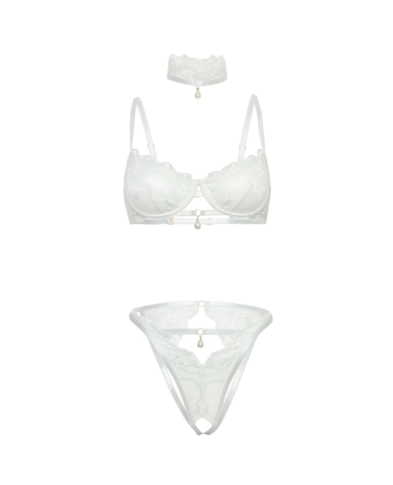 Pearla Lace Underwire Bra & Open Back Panty w/Matching Collar 3 pc Set - White L/XL - Image 4