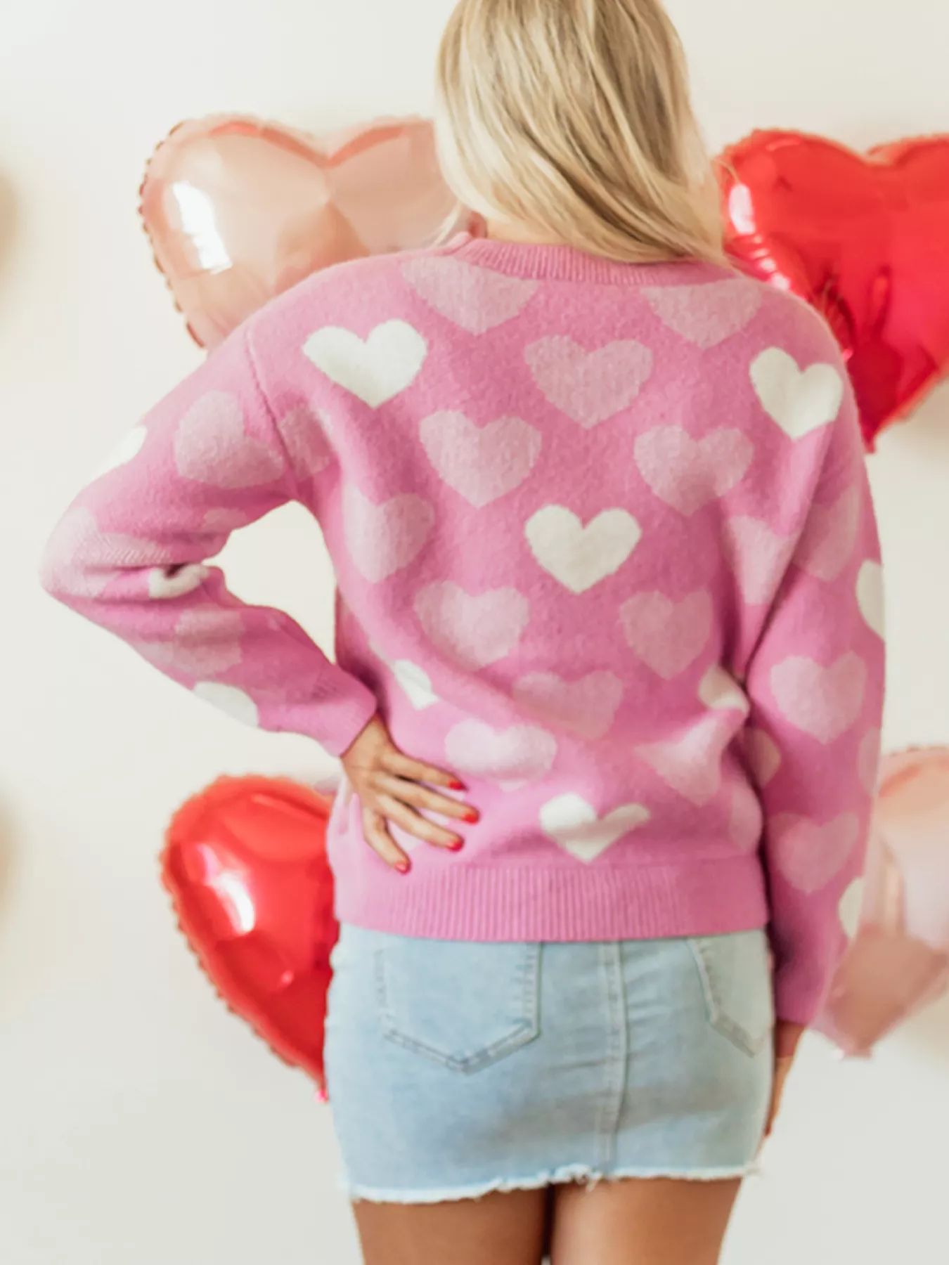 Pearled Heart Print Valentines Crew Neck Sweater - Image 7