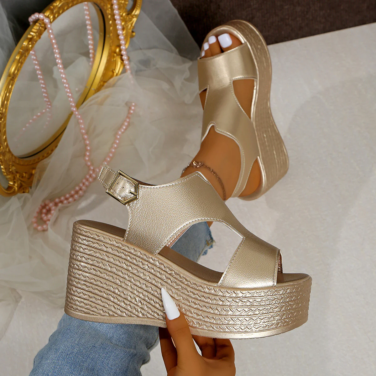 Peep Toe Cut Out Wedge Sandals - Image 5