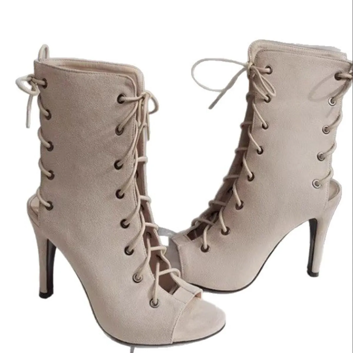 Peep Toe Lace-Up High Heel Boots - Image 2