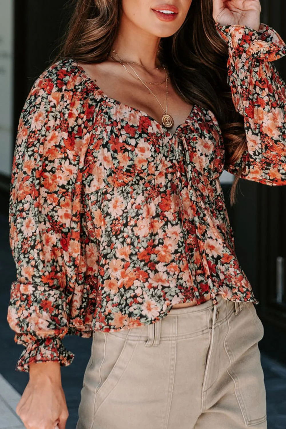 Peplum Tied Flora Long Sleeve Blouse - Image 2