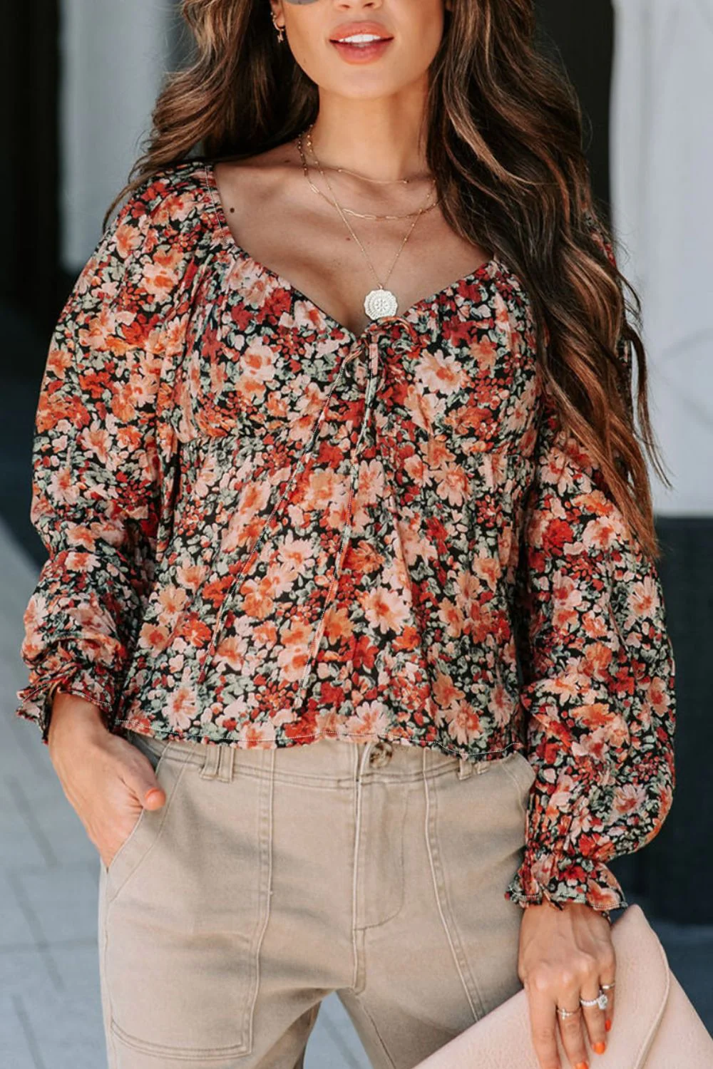 Peplum Tied Flora Long Sleeve Blouse - Image 4