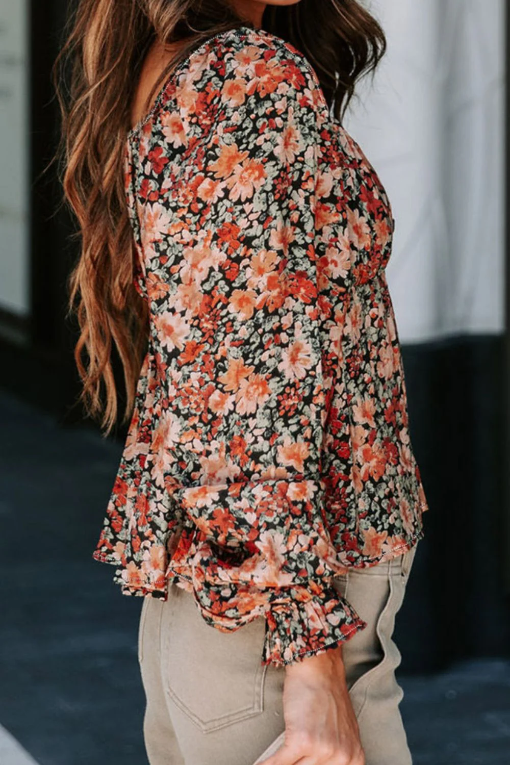 Peplum Tied Flora Long Sleeve Blouse - Image 6