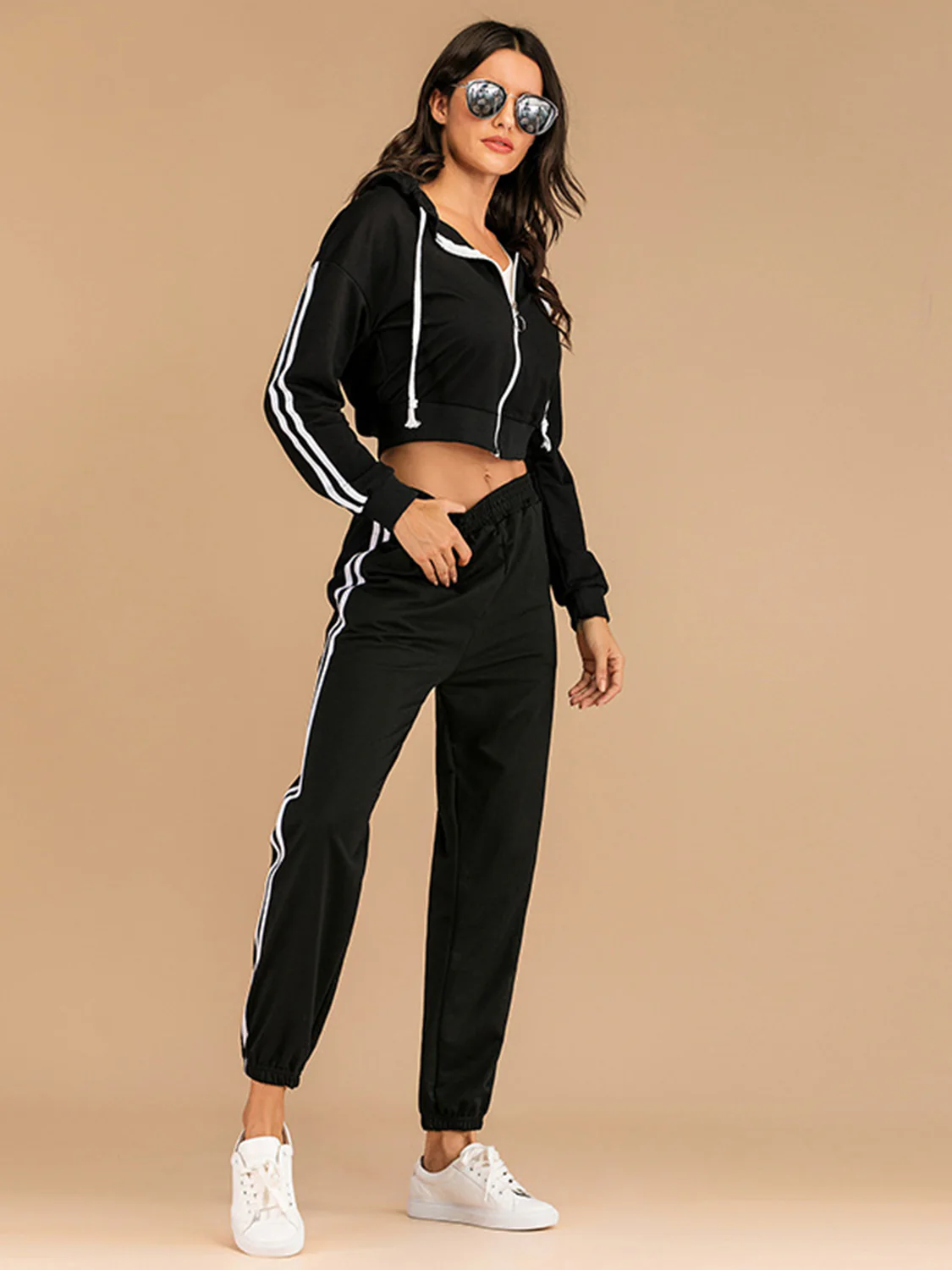 Perfee Drawstring Side Stripe Zip Up Hooded Top and Pants Set - Image 3