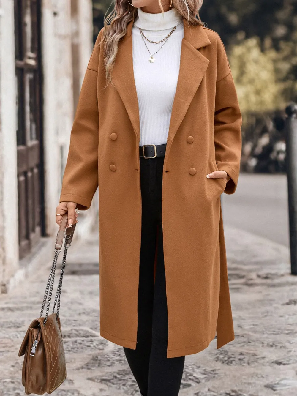 Perfee Dropped Shoulder Tie Waist Coat - Image 4