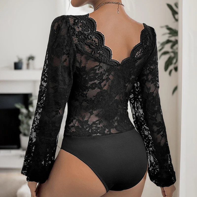 Perfee Lace Plunge Long Sleeve Bodysuit - Image 2