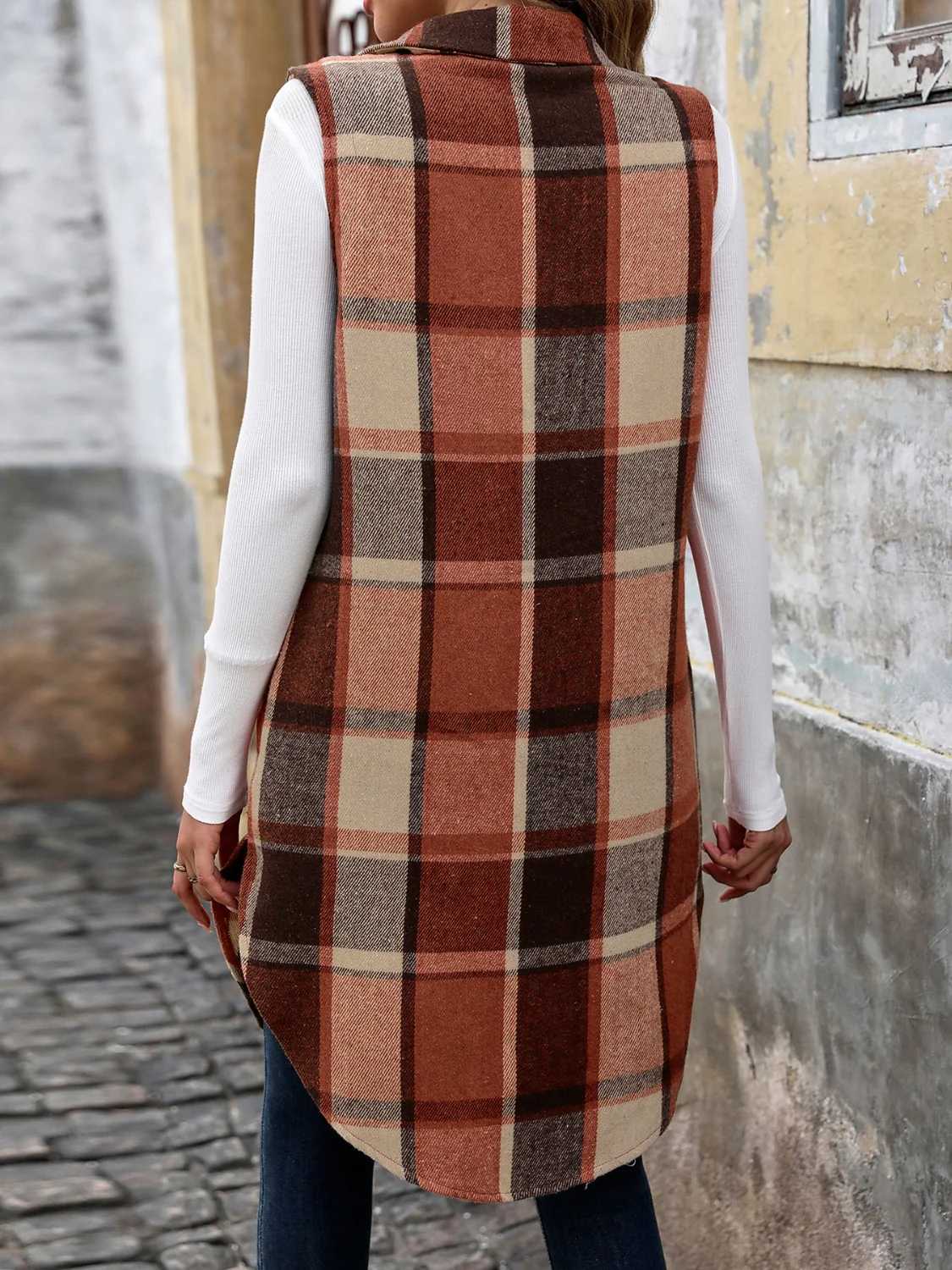 Perfee Pocketed Button Up Plaid Vest - Image 2