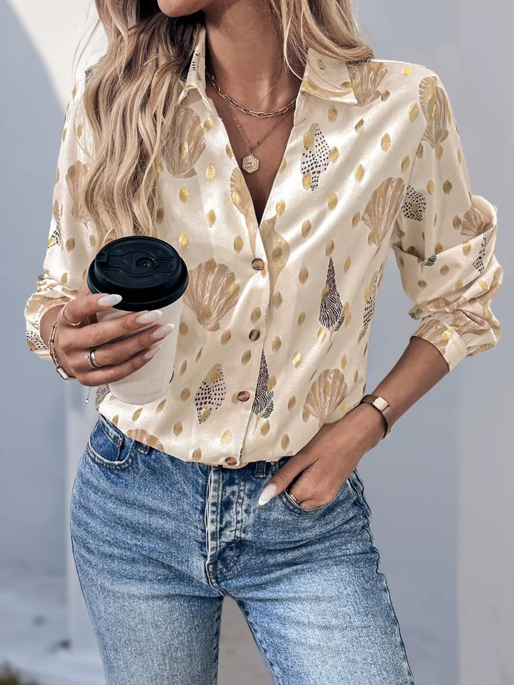 Perfee Printed Collared Neck Long Sleeve Shirt - Image 4