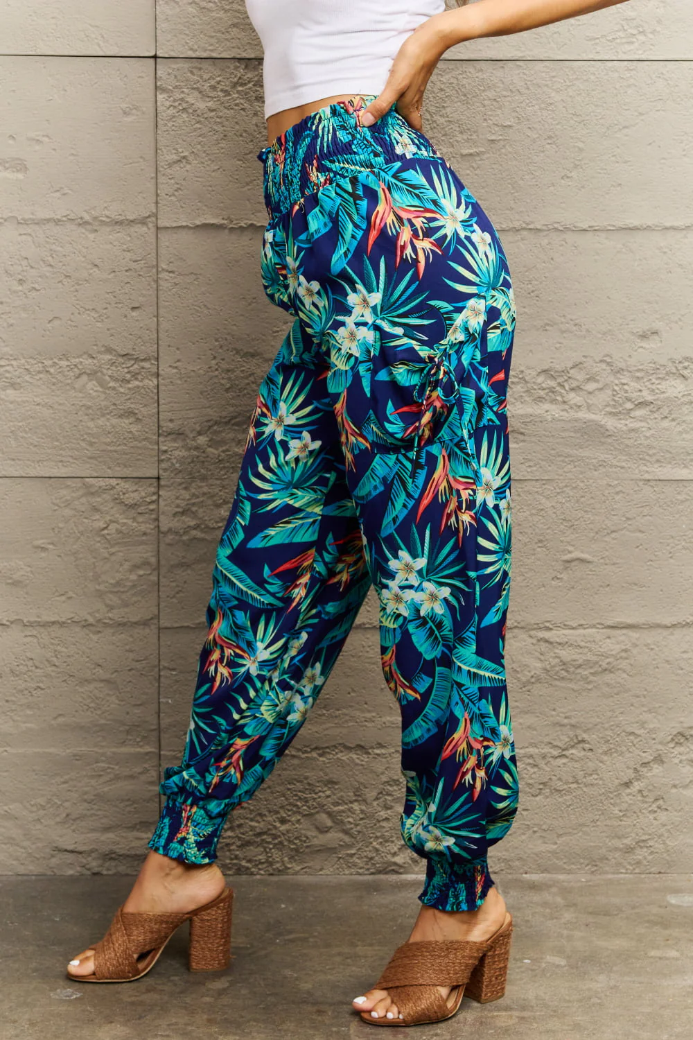 Perfee Smocked Plant Print Long Pants - Image 3