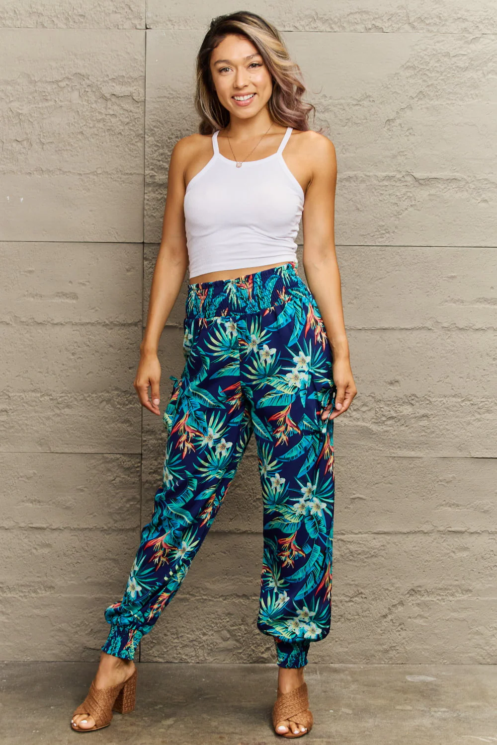 Perfee Smocked Plant Print Long Pants - Image 4