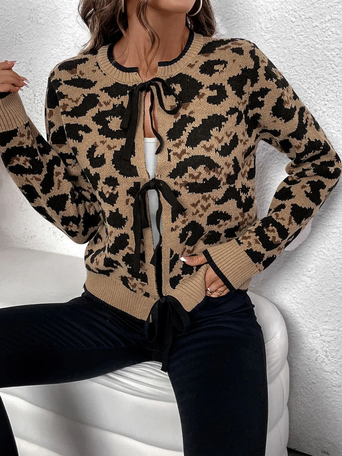 Perfee Tied Leopard Long Sleeve Cardigan - Image 4
