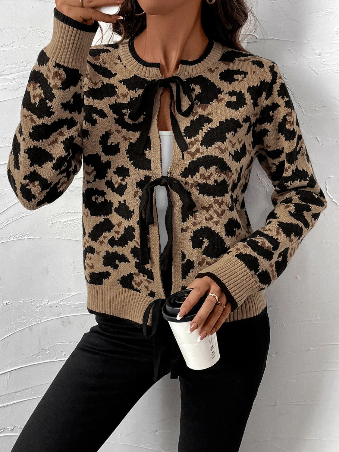 Perfee Tied Leopard Long Sleeve Cardigan - Image 5