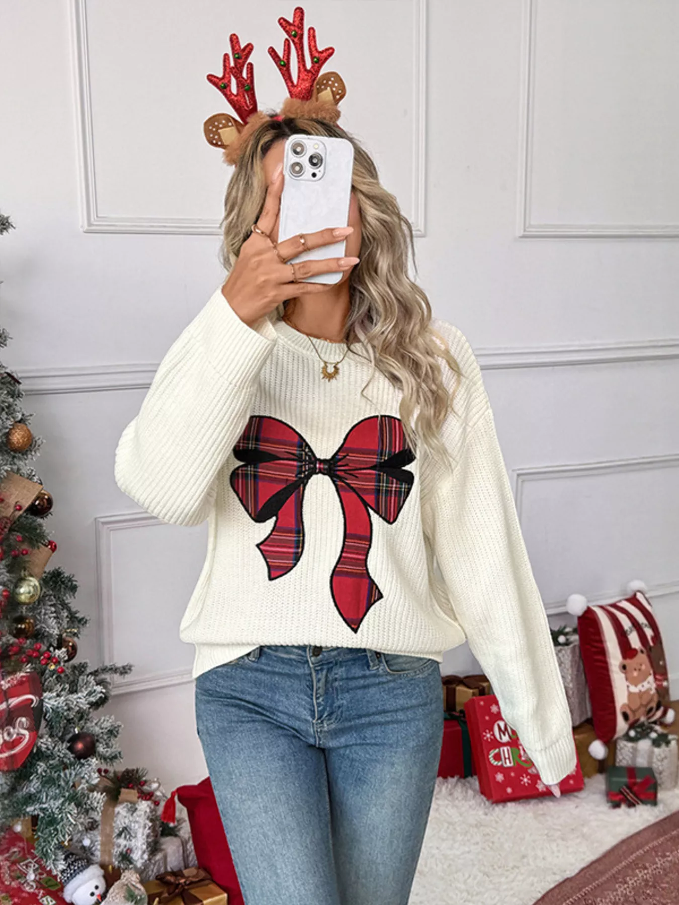 Plaid Bow Round Neck Sweater - Image 5