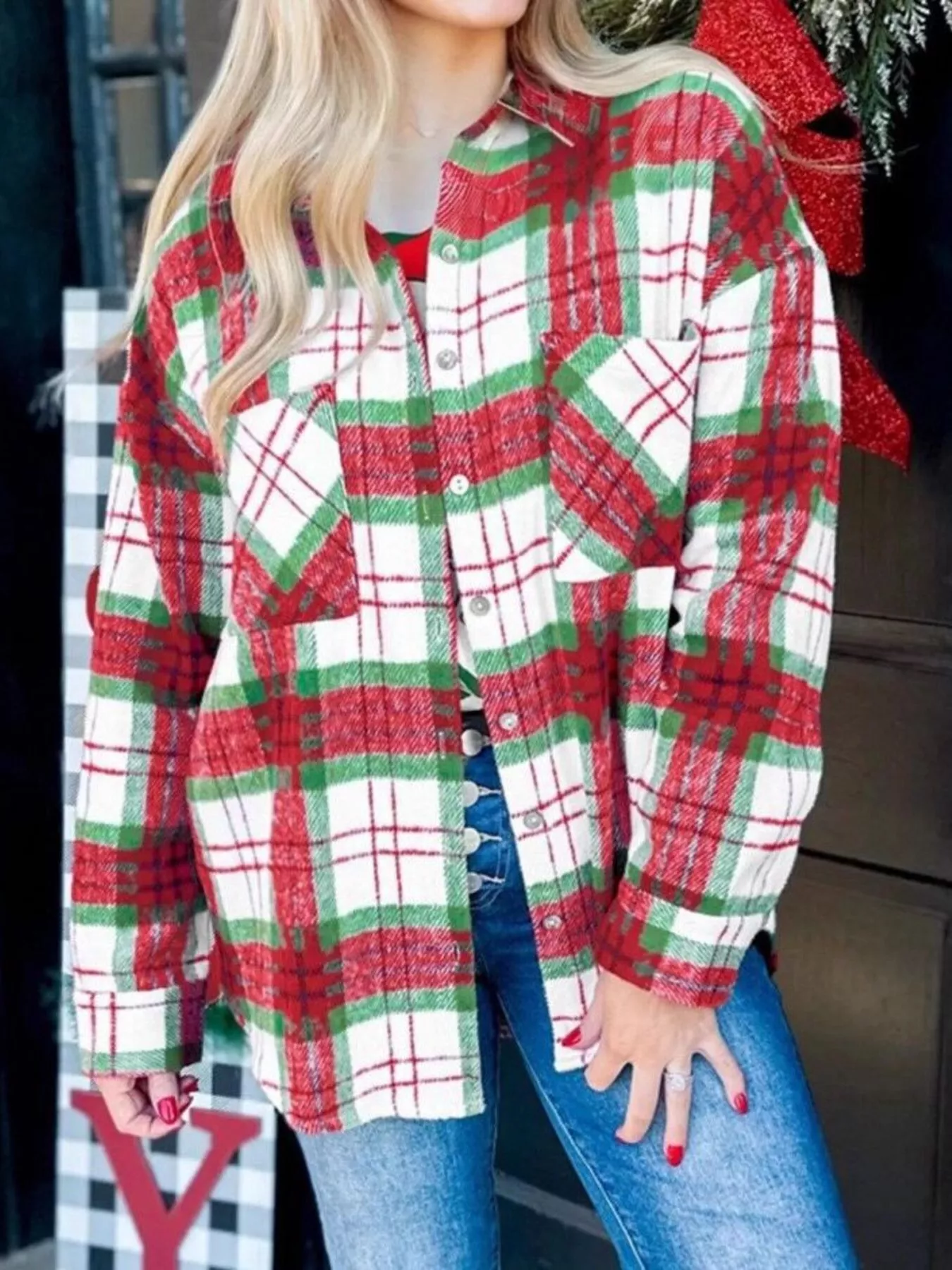 Plaid Button-Down Long Sleeve Shacket - Image 2
