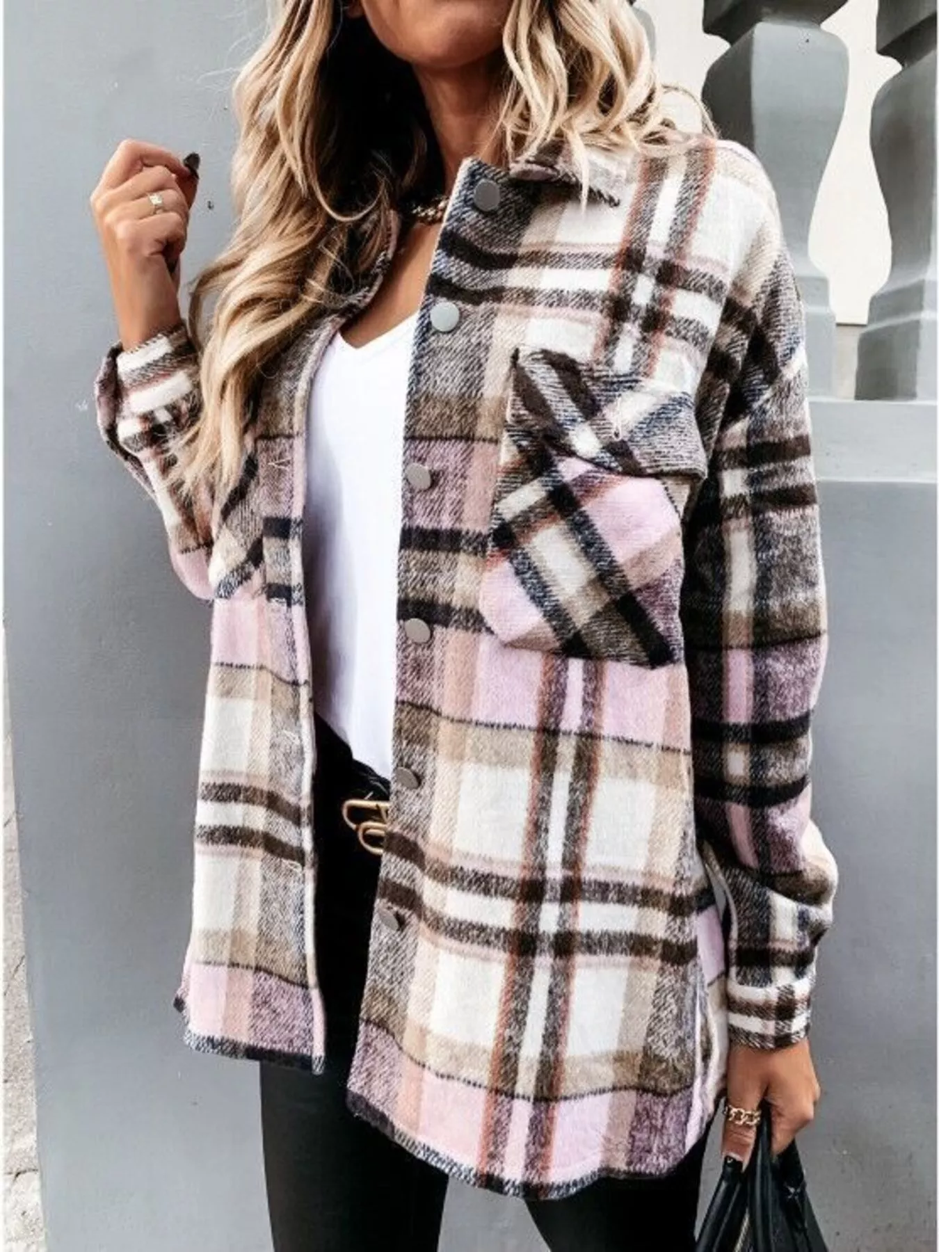 Plaid Button-Down Long Sleeve Shacket - Image 2
