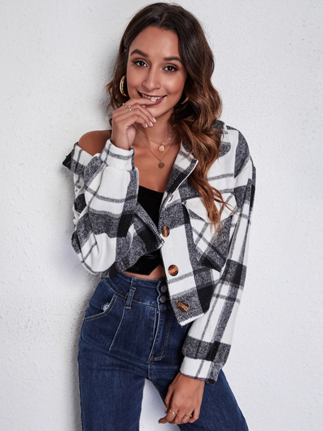 Plaid Button Front Jacket with Pockets - Image 4