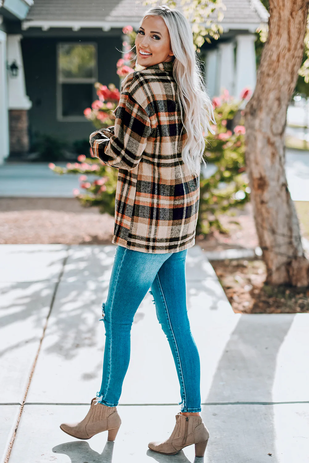 Plaid Button Front Shirt Jacket with Breast Pockets - Image 15