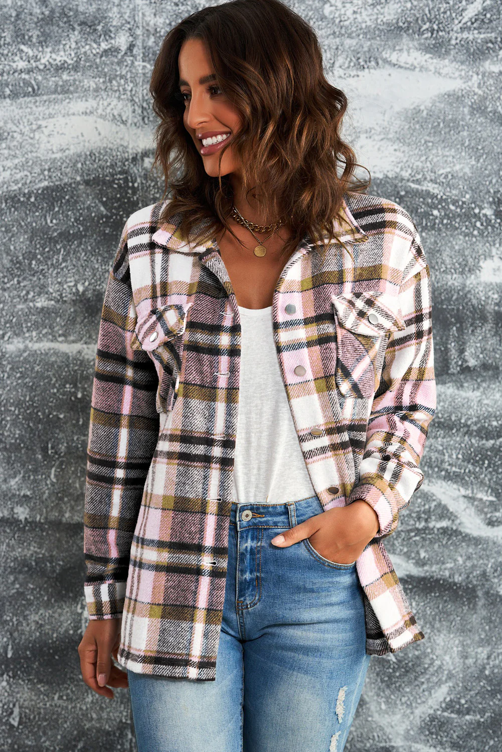 Plaid Button Front Shirt Jacket with Breast Pockets - Image 5
