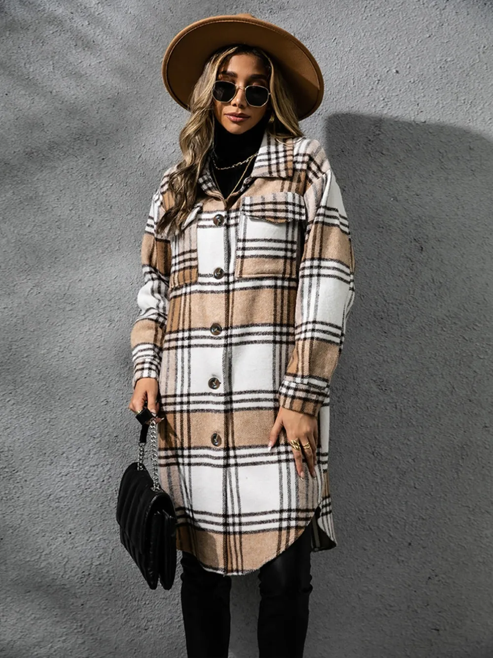 Plaid Collared Neck Long Sleeve Coat - Image 5