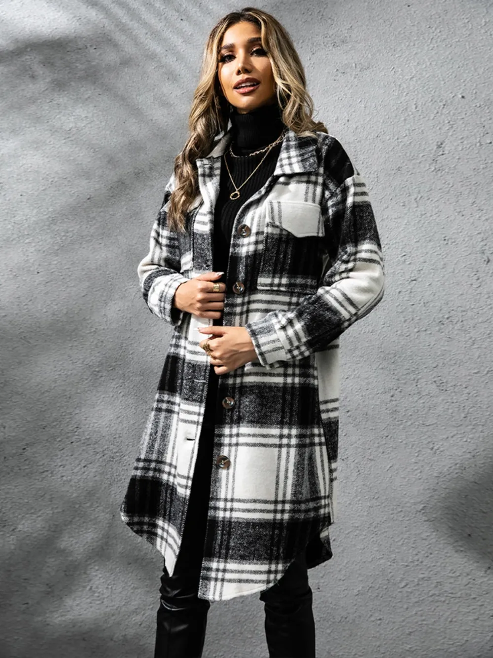 Plaid Collared Neck Long Sleeve Coat - Image 9