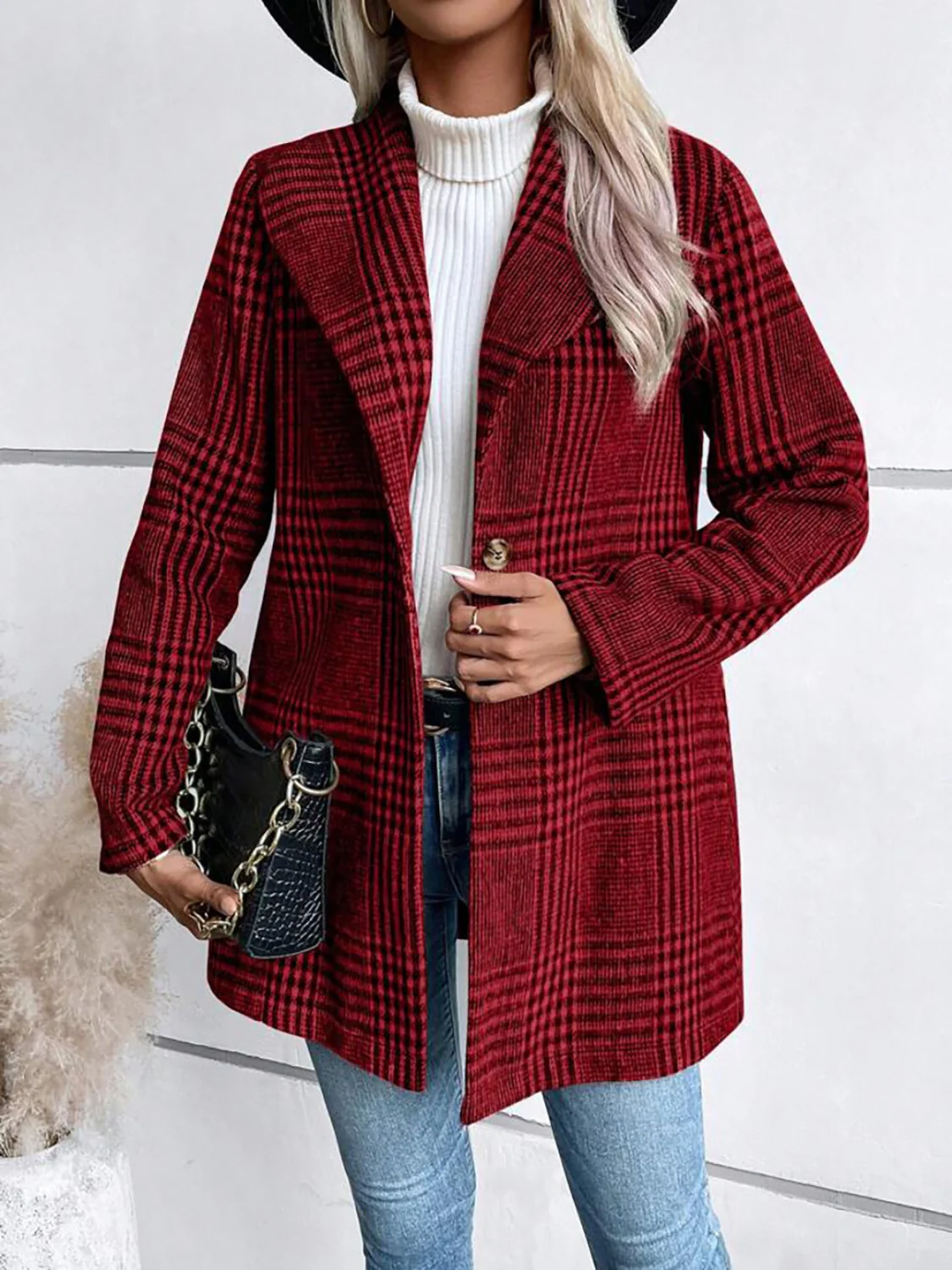 Plaid Collared Neck Long Sleeve Jacket - Image 2