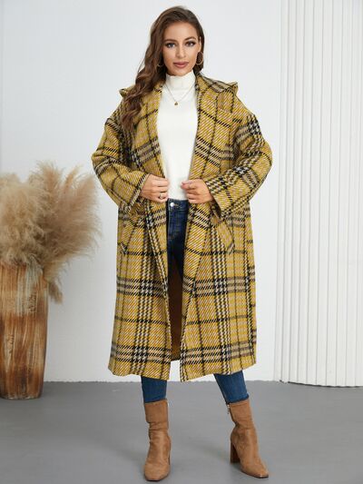 Plaid Double-Breasted Long Sleeve Longline Coat - Image 11