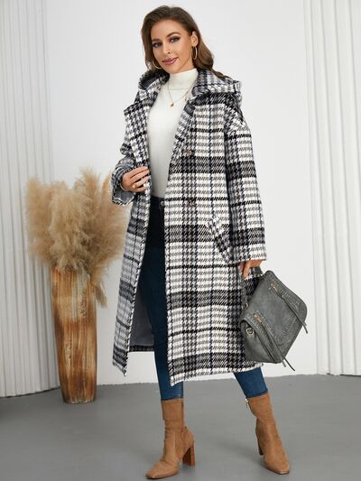 Plaid Double-Breasted Long Sleeve Longline Coat - Image 2