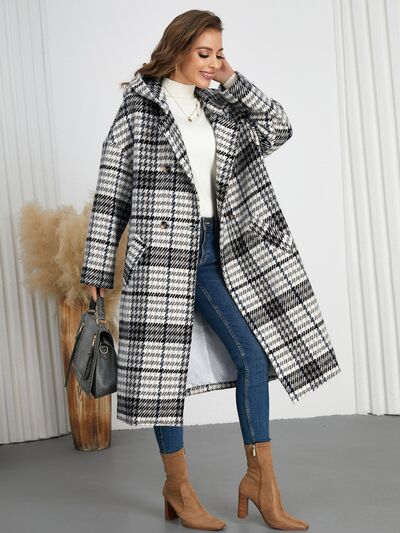 Plaid Double-Breasted Long Sleeve Longline Coat - Image 3