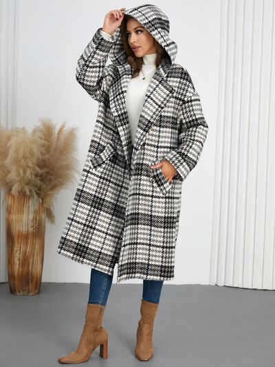 Plaid Double-Breasted Long Sleeve Longline Coat - Image 4