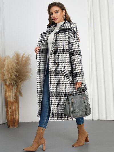 Plaid Double-Breasted Long Sleeve Longline Coat - Image 6