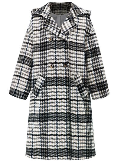 Plaid Double-Breasted Long Sleeve Longline Coat - Image 7