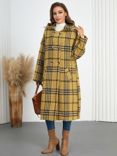 Plaid Double-Breasted Long Sleeve Longline Coat - Image 9