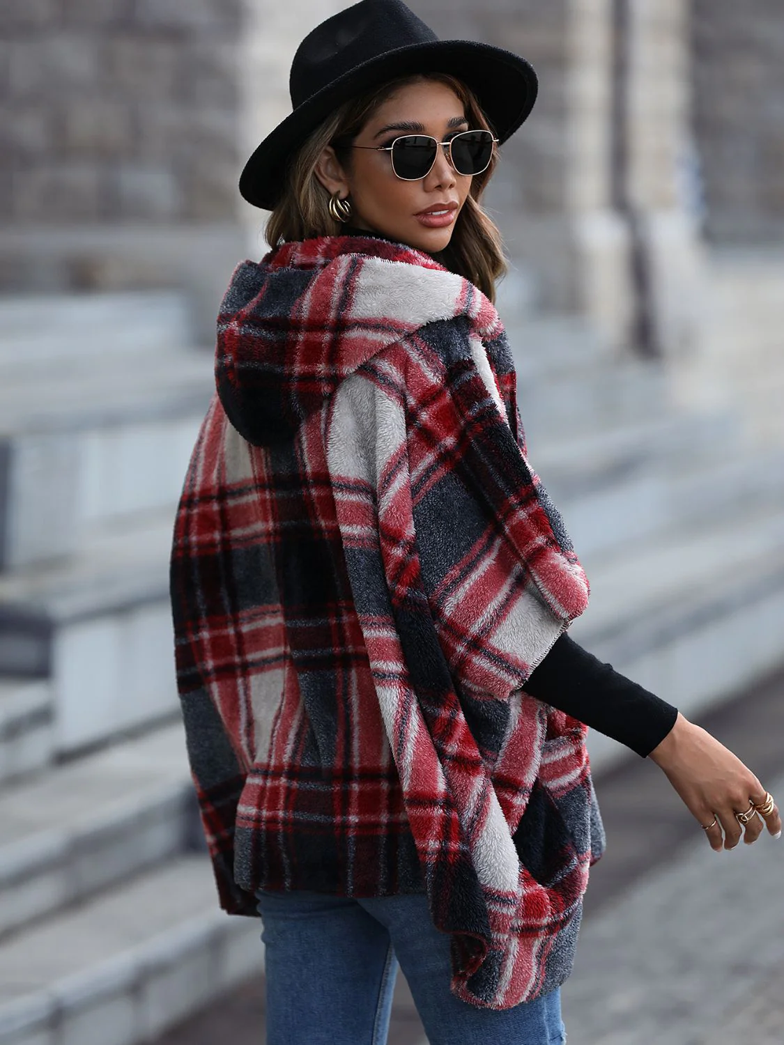 Plaid Hooded Coat with Pockets - Image 2