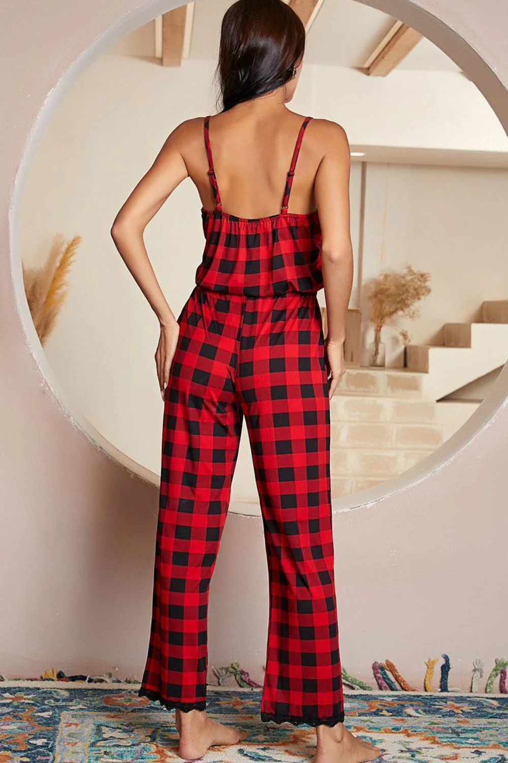 Plaid Lace Trim Spaghetti Strap Jumpsuit - Image 2