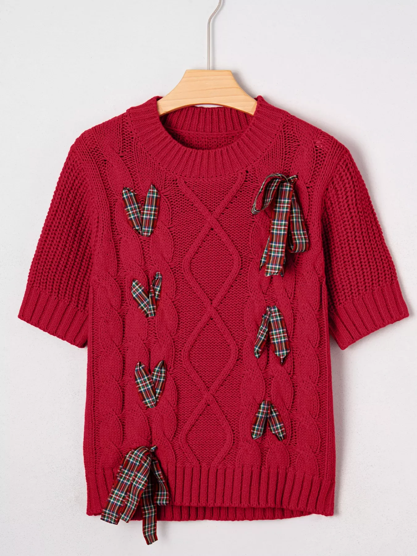 Plaid Lace Up Detail Christmas Holiday Puff Short Sleeve Sweater - Image 2