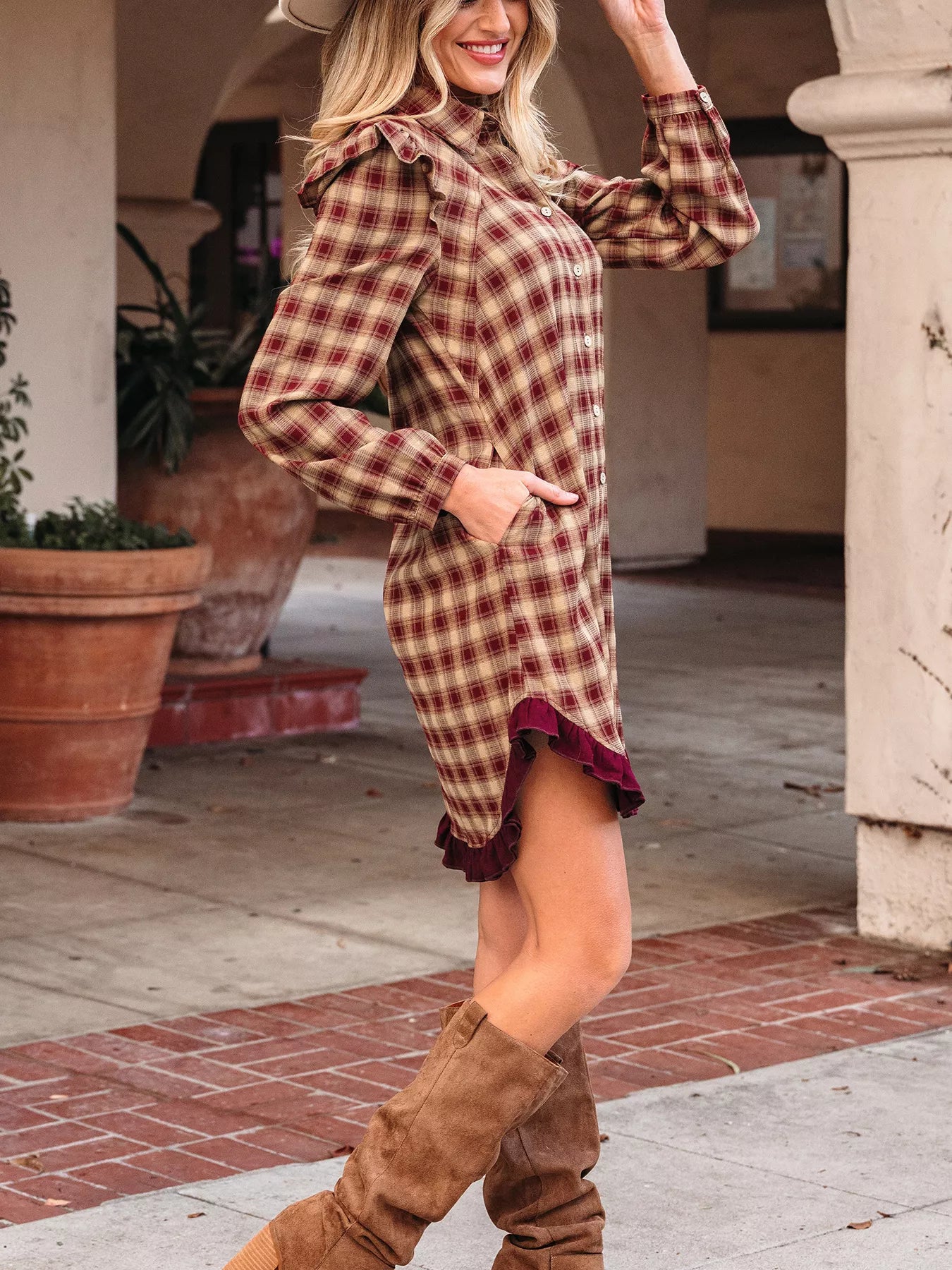 Plaid Print Ruffled Long Sleeve Patchwork Hem Mini Shirt Dress - Image 5
