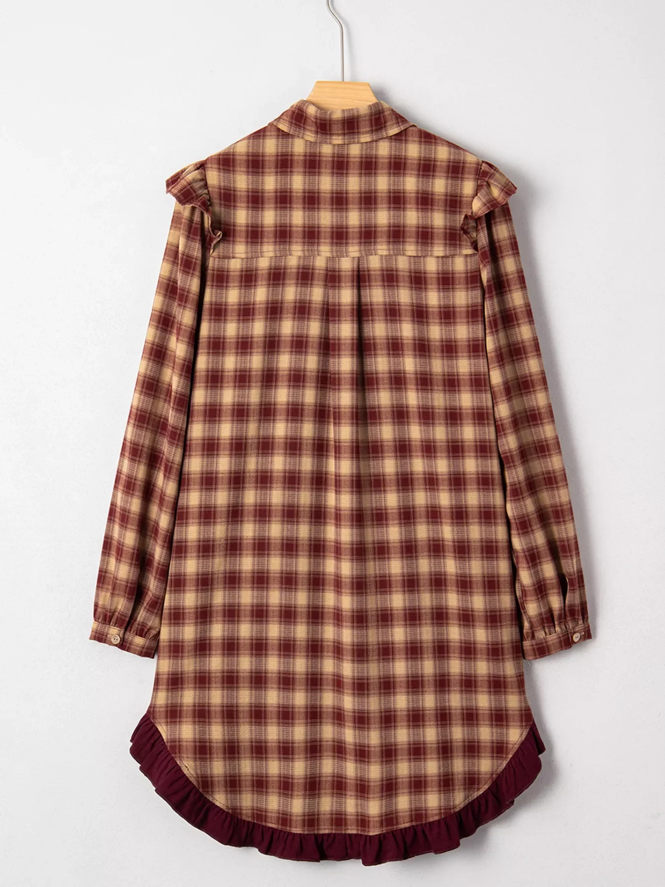 Plaid Print Ruffled Long Sleeve Patchwork Hem Mini Shirt Dress - Image 8