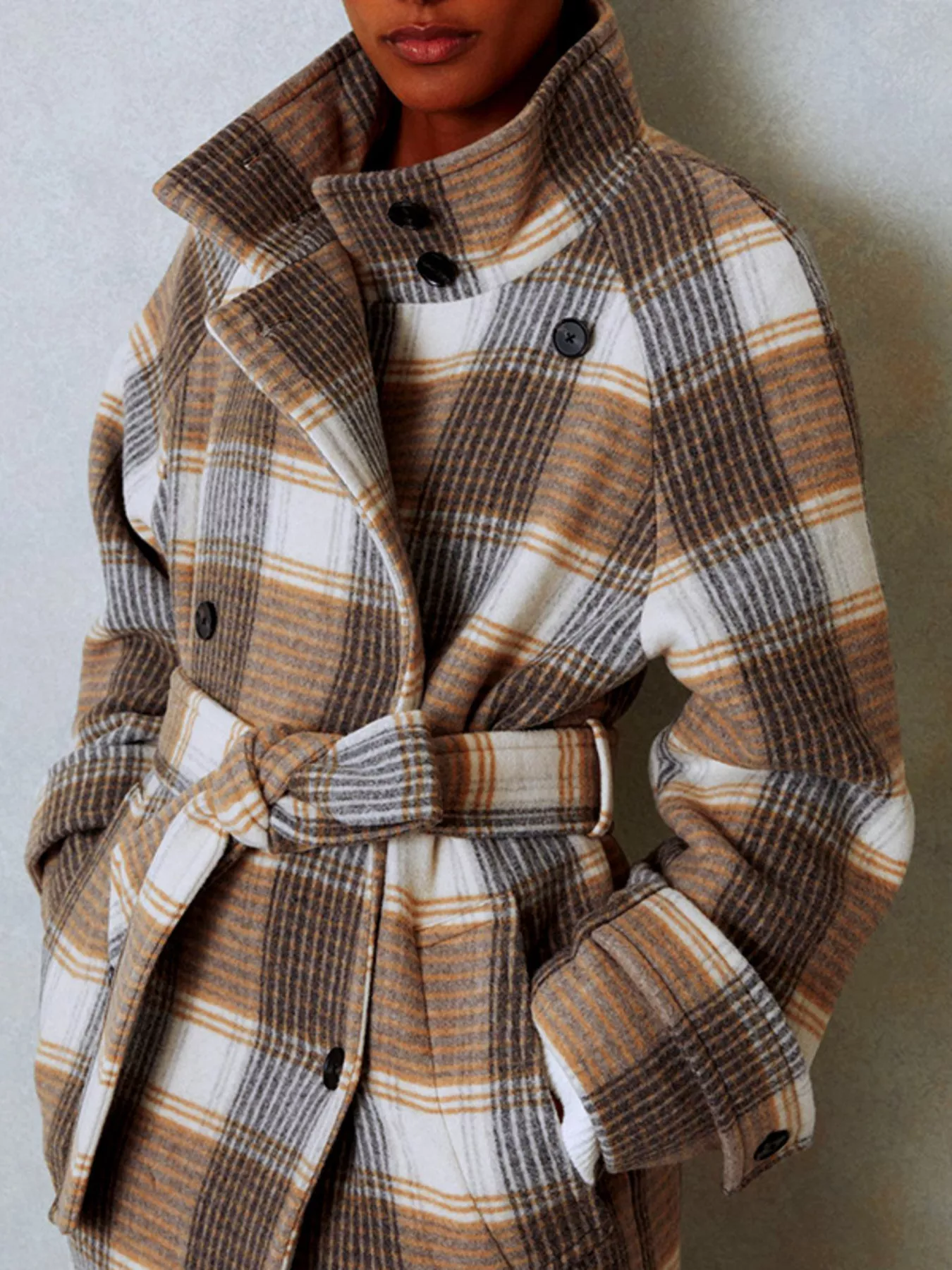 Plaid Tie Waist Double-Breasted Coat - Image 2