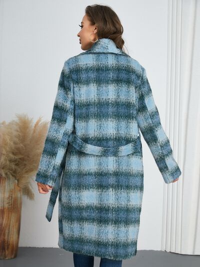 Plaid Tie Waist Long Sleeve Coat - Image 3