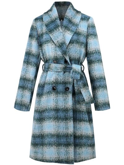 Plaid Tie Waist Long Sleeve Coat - Image 4