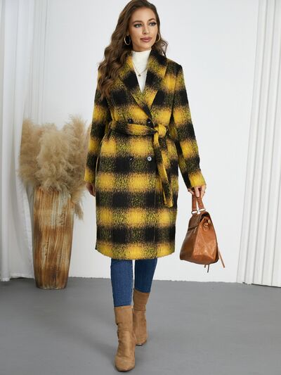 Plaid Tie Waist Long Sleeve Coat - Image 9