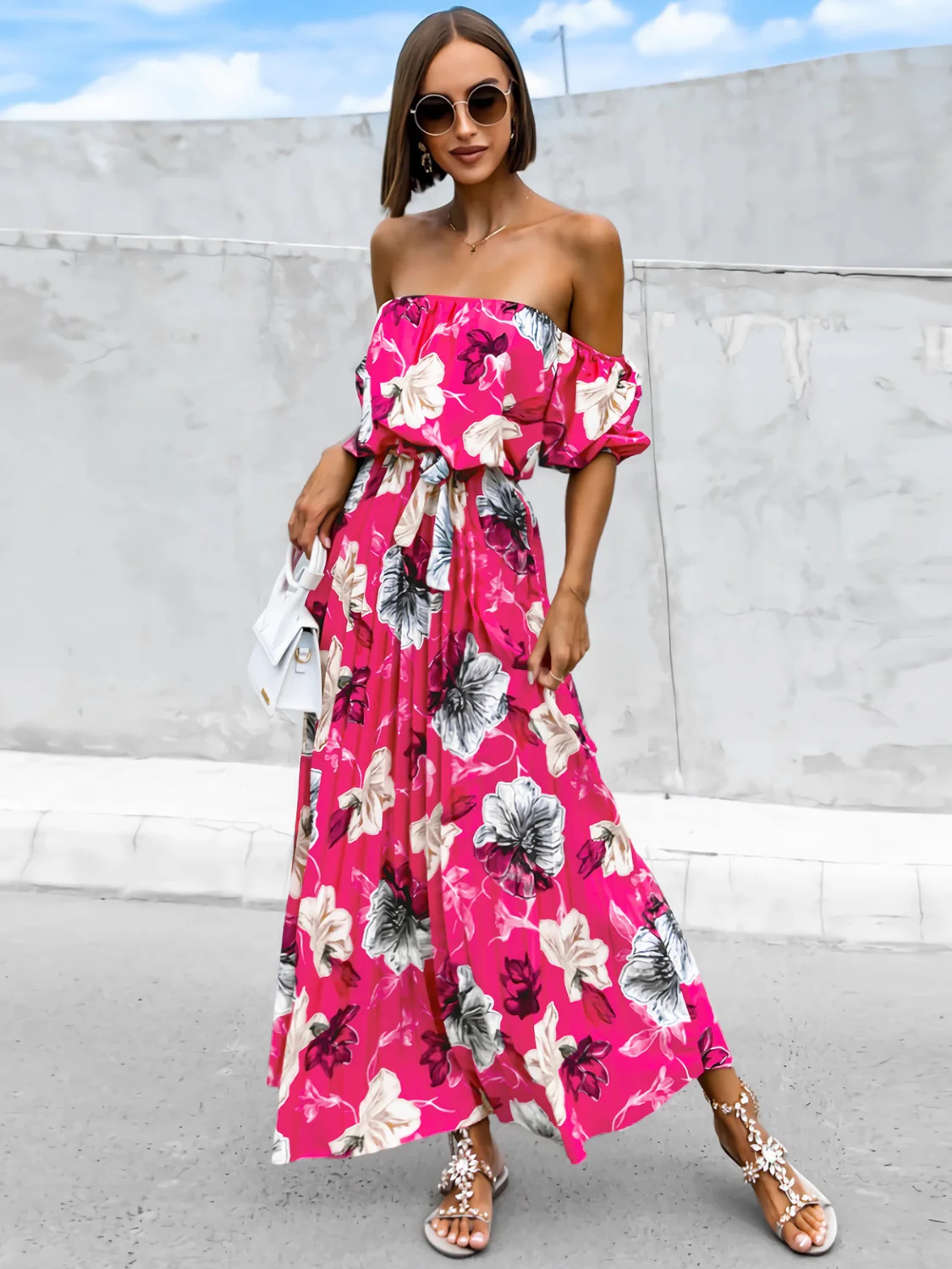 Pleated Floral Off-Shoulder Short Sleeve Midi Dress - Image 10