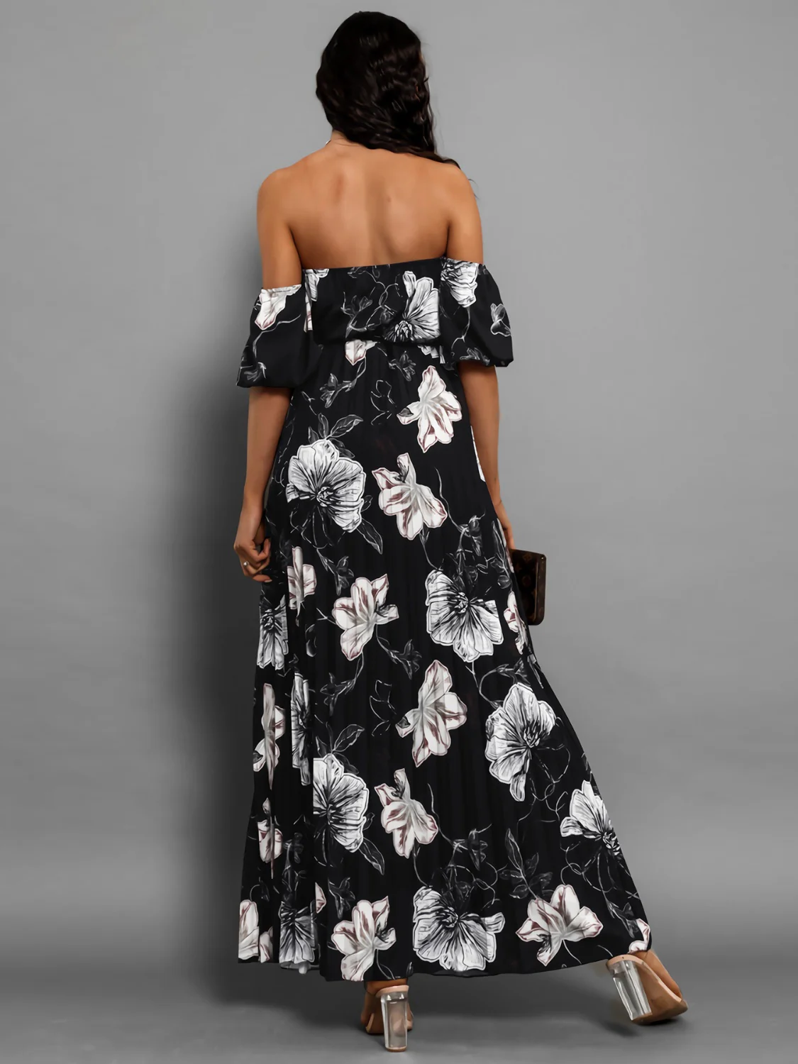 Pleated Floral Off-Shoulder Short Sleeve Midi Dress - Image 21