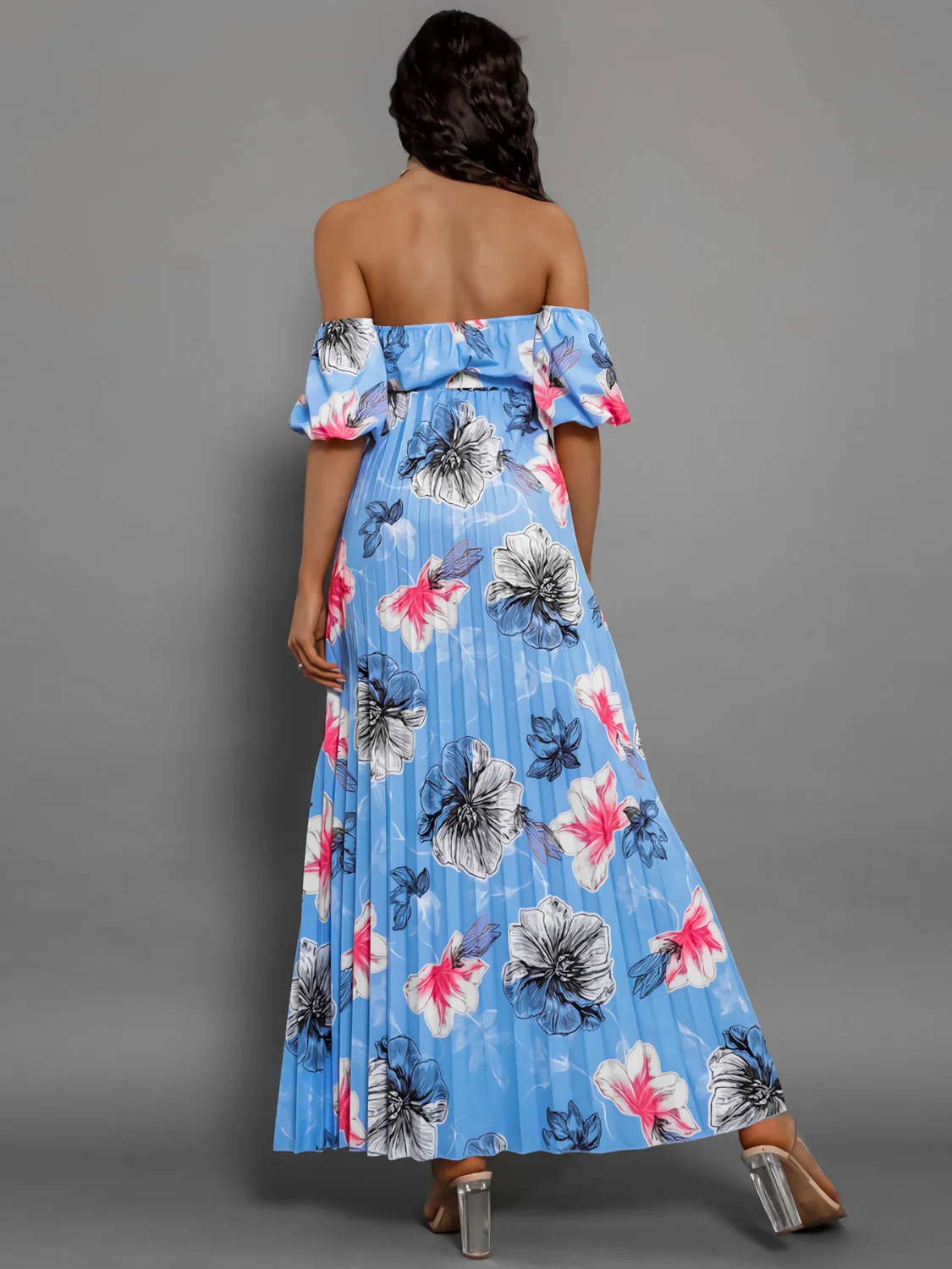Pleated Floral Off-Shoulder Short Sleeve Midi Dress - Image 4