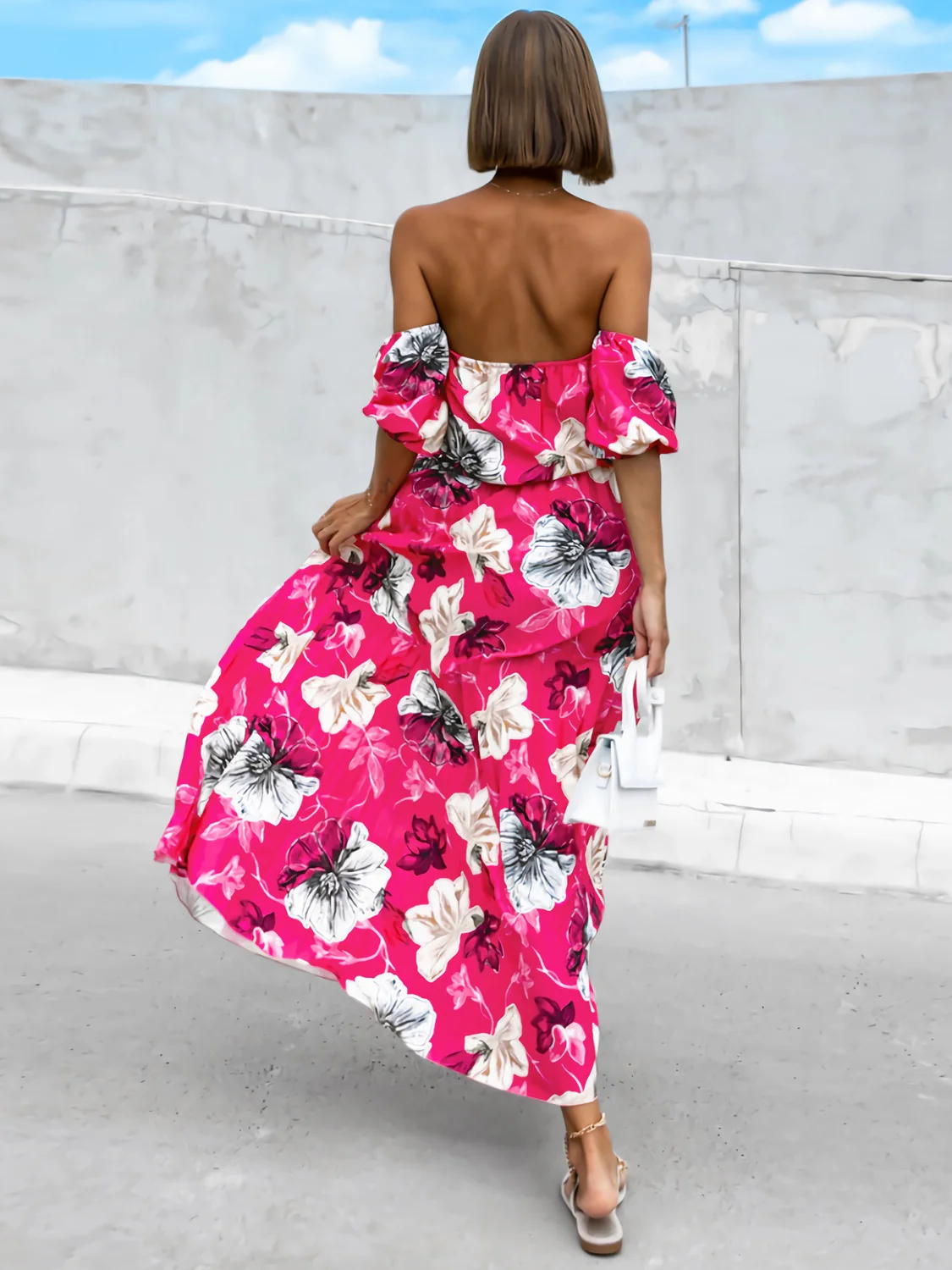 Pleated Floral Off-Shoulder Short Sleeve Midi Dress - Image 8