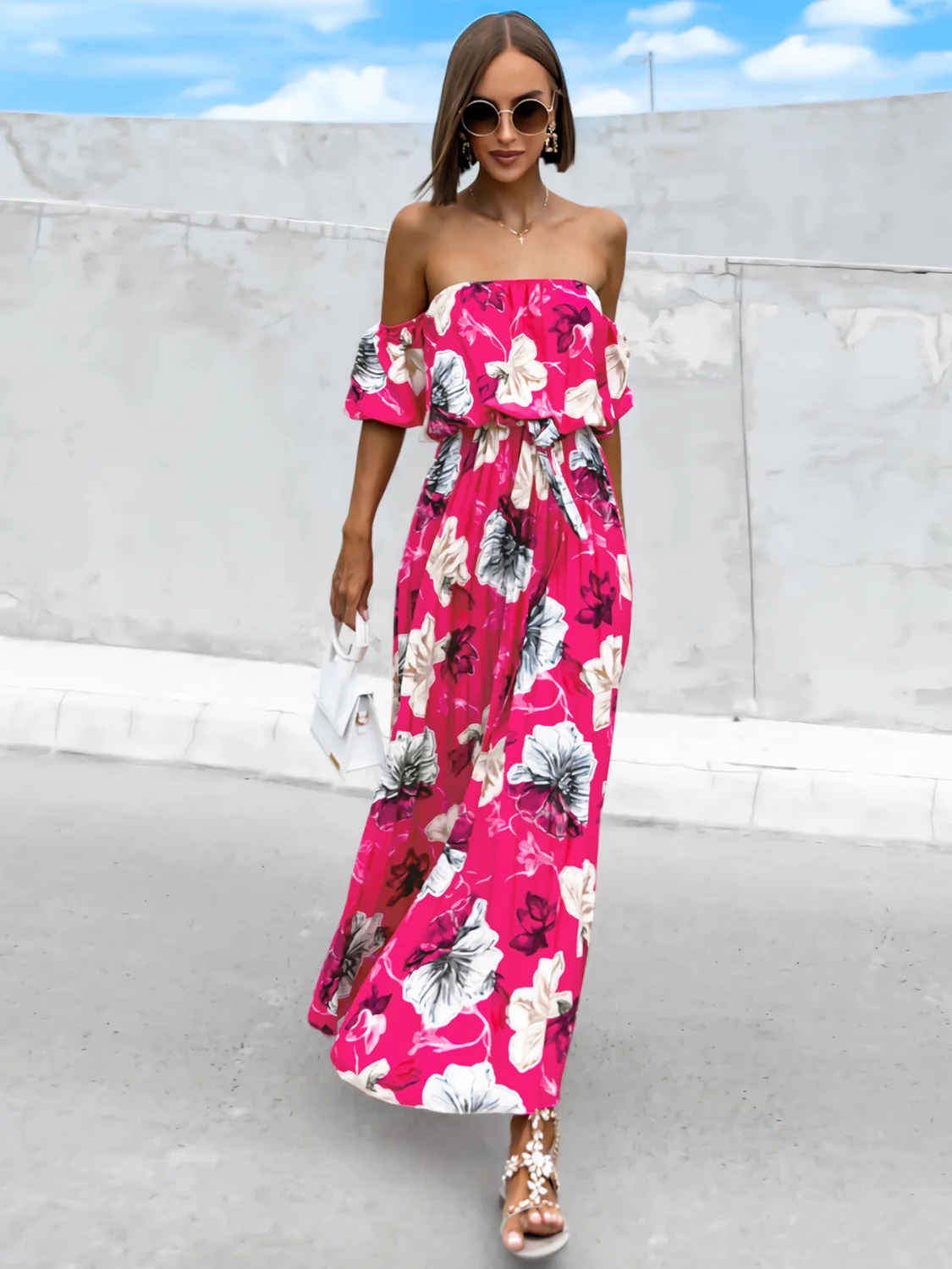 Pleated Floral Off-Shoulder Short Sleeve Midi Dress - Image 9
